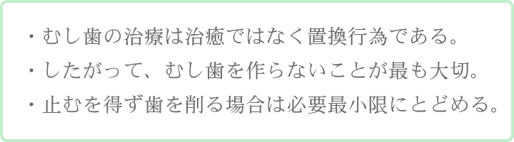 ・むし歯の治療は治癒ではなく置換行為である。・したがって、むし歯を作らないことが最も大切。・止むを得ず歯を削る場合は必要最小限にとどめる。